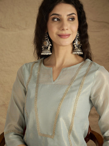 Varanga Women Elegant Sky Blue Shimmer Kurta Set With Zari Lace Detailing And Solid Ankle-Length Trousers (Perfect For Adding Effortless Charm To Festive Occasions)